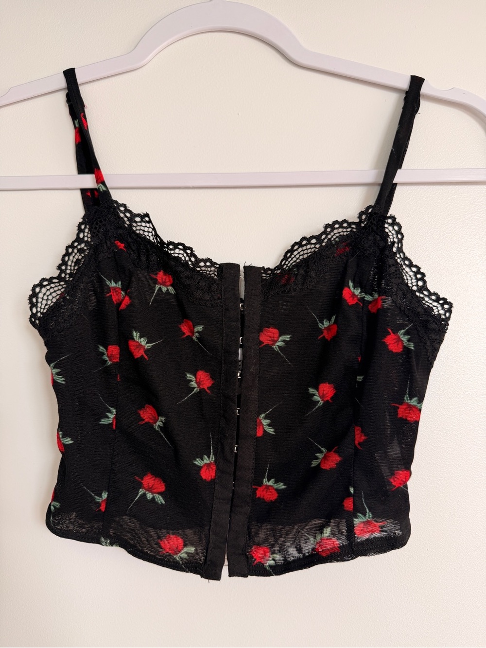 Princess Polly Black Lace Cami Top with Red Rose Embroidery